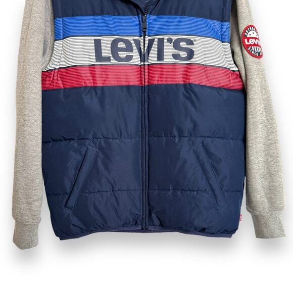 Levi’s Spell Out Logo Full Zip Blue and Gray Puffer Vest Hoodie Boys Size L - Picture 4 of 9